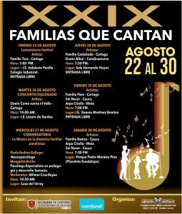 Afiche del evento "Familias que Cantan" con programación y fechas del evento.