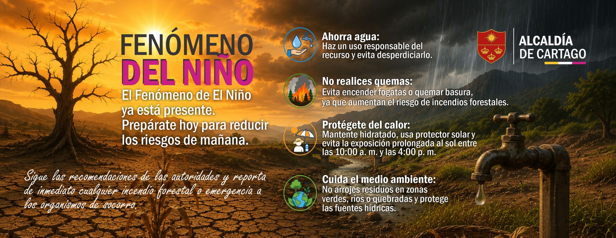 Infografía informativa sobre medidas de cuidado, prevención y ahorro de agua durante el Fenómeno del Niño