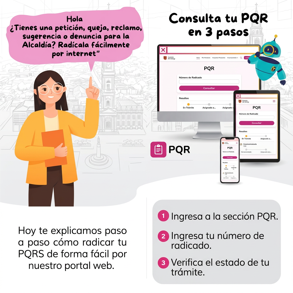 Infografía sobre cómo consultar el estado de una PQR en el portal web de la Alcaldía. Presenta tres pasos: ingresar a la sección PQR, ingresar el número de radicado y verificar el estado del trámite.